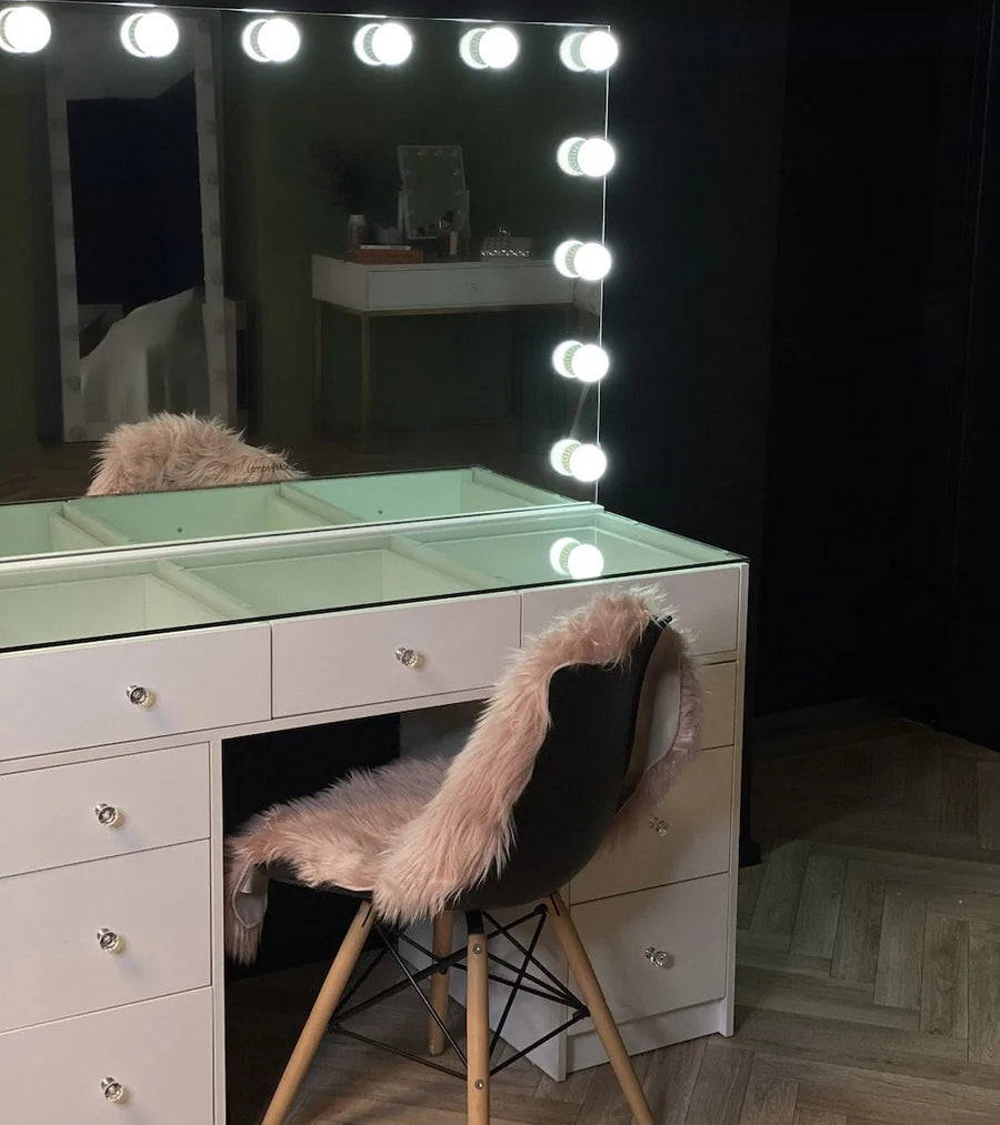 Vanity table with mirror and integrated lights