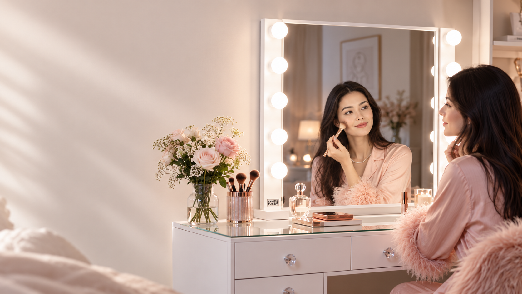 Woman applying makeup with Lamps4Makeup lights